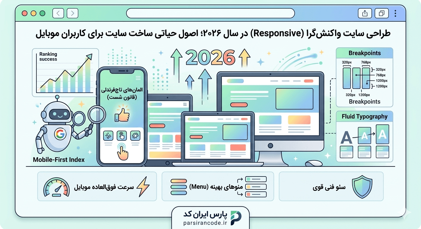 طراحی سایت واکنش‌گرا (Responsive) در سال ۲۰۲۶؛ اصول حیاتی ساخت سایت برای کاربران موبایل